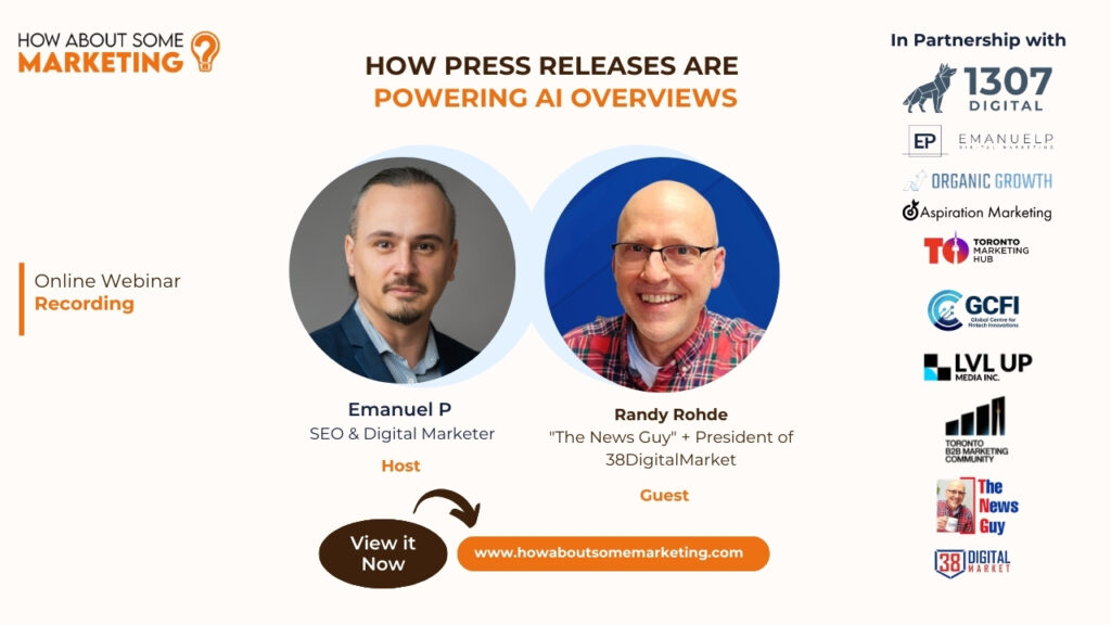 Featured image of a webinar called How Press Releases Are Powering AI Overviews with Emanuel Petrescu and guest Randy Rohde